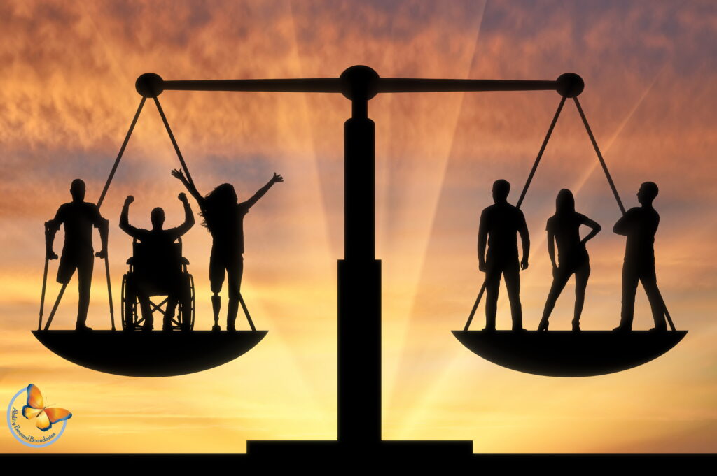 Concept of social b legal equality of persons with disabilities in society 3 people with disability and 3 people without disability balancing on a set of scales