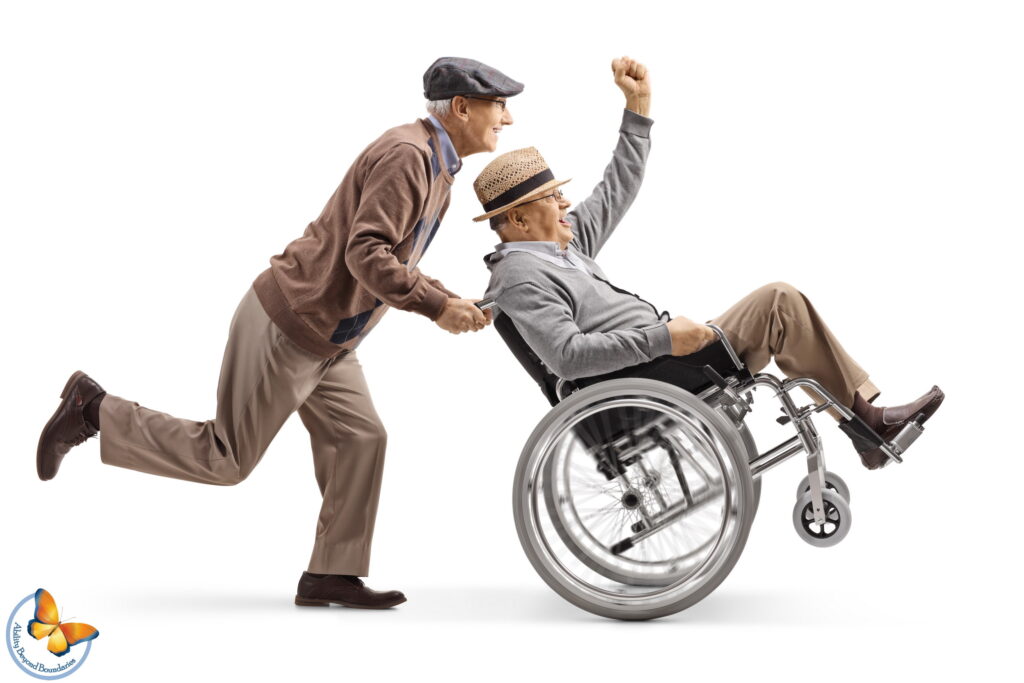 Senior man pushing a positive disabled man in a wheelchair gestu Senior man pushing a positive disabled man in a wheelchair gesturing with hand